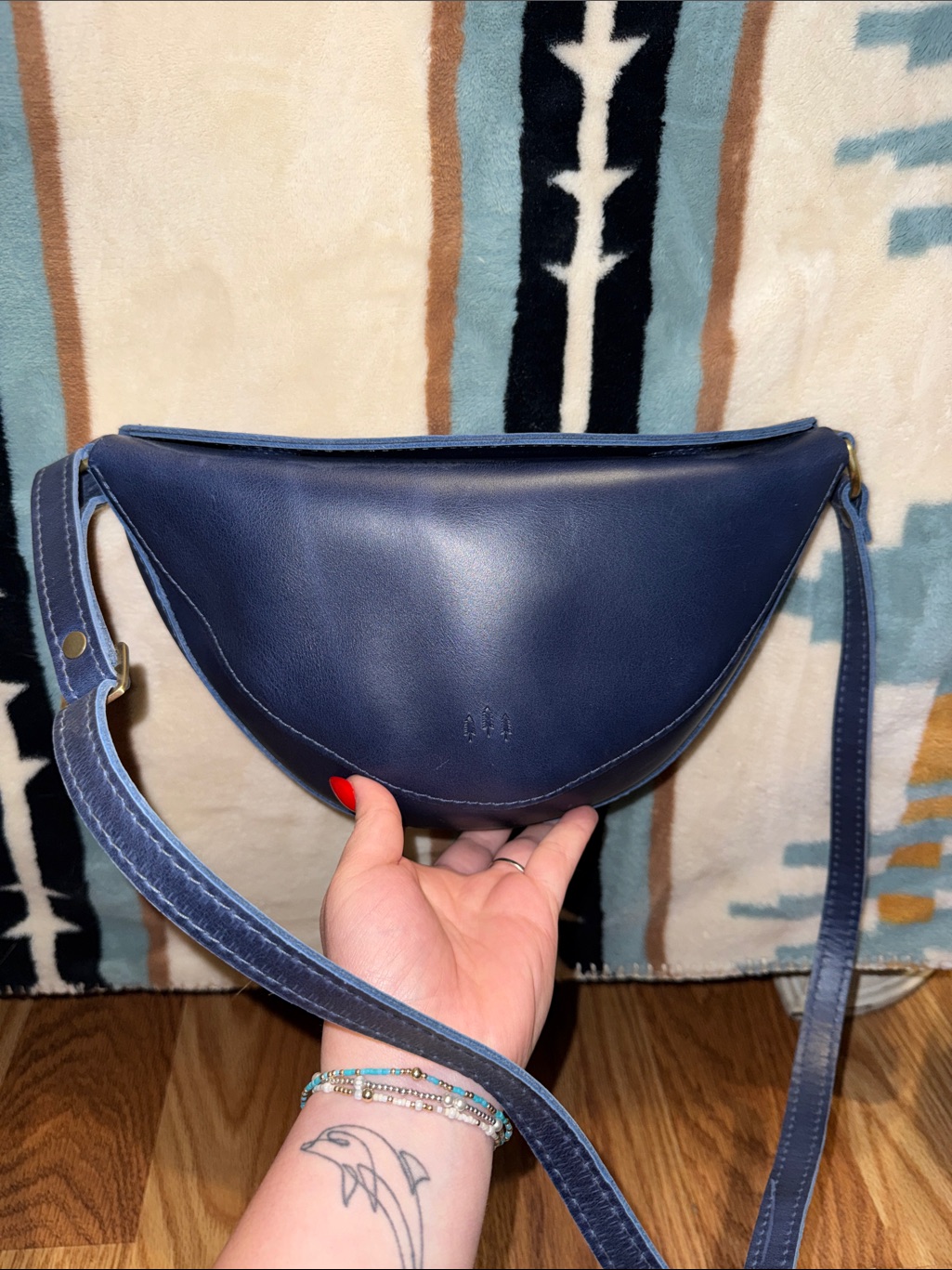 Unused Portland Leather Navy Crescent Crossbody Bag And White Wallet